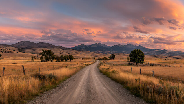 A dusty road stretches through a golden meadow towards distant mountains. Sunset paints the sky with vibrant pink and orange hues