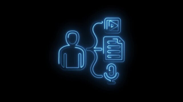 Neon blue outline of a person connected to a document icon a play button icon and a microphone