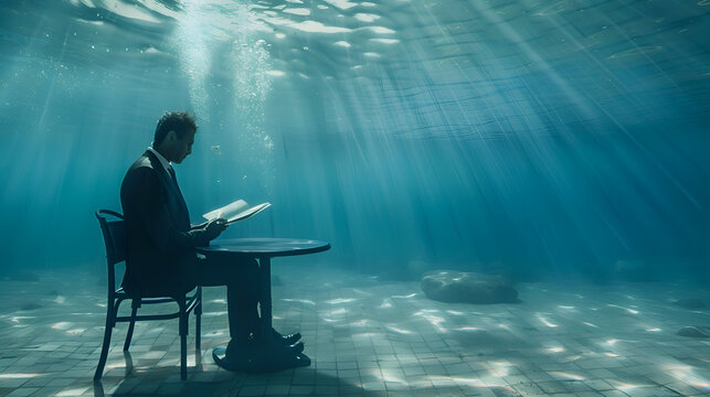 Young caucasian male reading underwater in sunlit pool