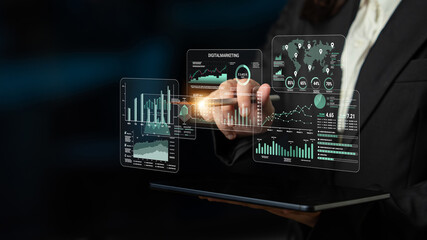 Professional Businessperson Analyzing Data with Interactive Digital Interface in Modern Workspace for Business Insights and Solutions Fluxor. © InfiniteFlow