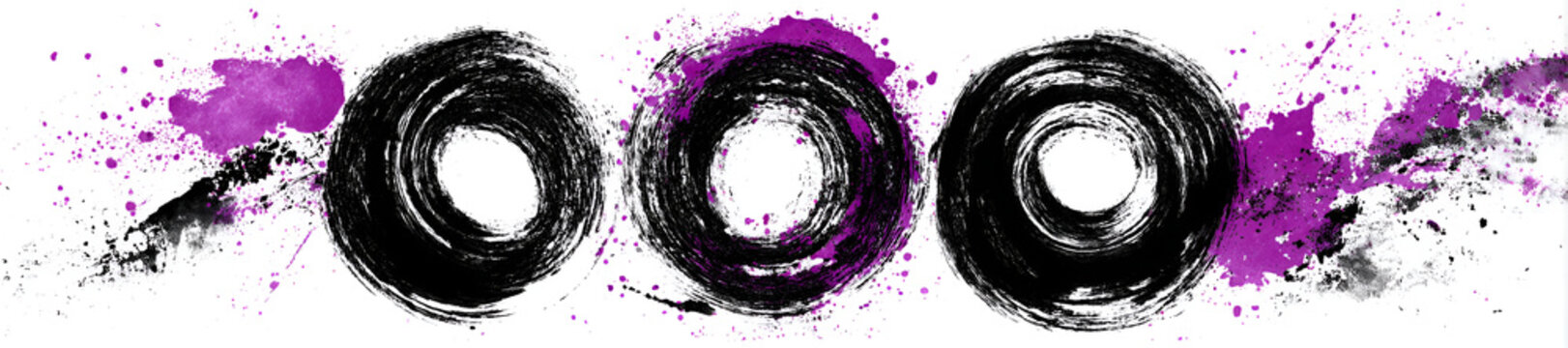 Three swirling dark circles with inner white space, accented by bursts of violet paint splatters against a white backdrop