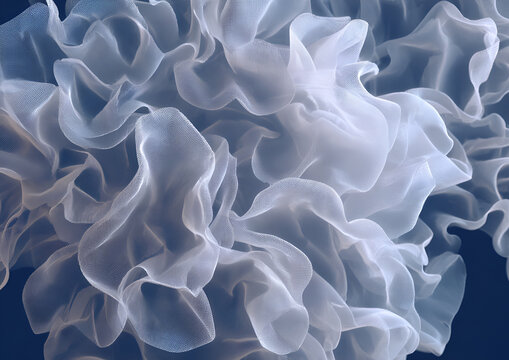 Soft, translucent, swirling forms create an ethereal cloud-like composition. Delicate folds and textures are rendered in varying shades of white and blue