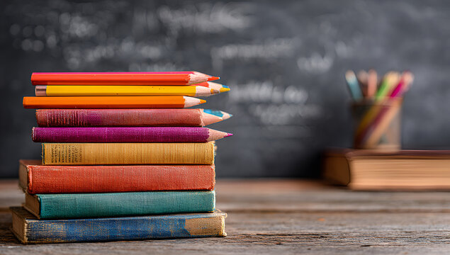 Stacked vintage books topped with colorful pencils, pencils in a cup, and a blackboard background. A still-life scene