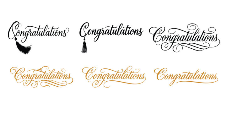 Congratulations Calligraphy Lettering Set, Elegant Hand Drawn Typography, Decorative Script Text Labels, Handwritten Vector Illustration Collection