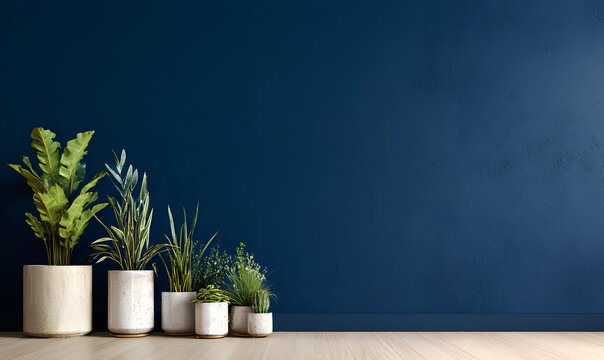 Several potted plants of various heights and foliage sit against a dark blue textured wall. A light wood floor is below