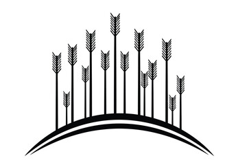 Abstract design element featuring multiple black arrows standing upright on a curved base, isolated on white background. © hossain