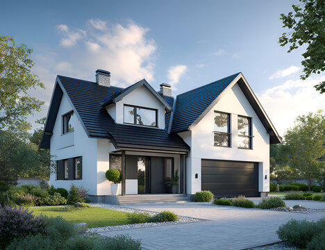 Modern, two-story residence with a pitched roof, attached garage, and lush landscaping on a sunny day