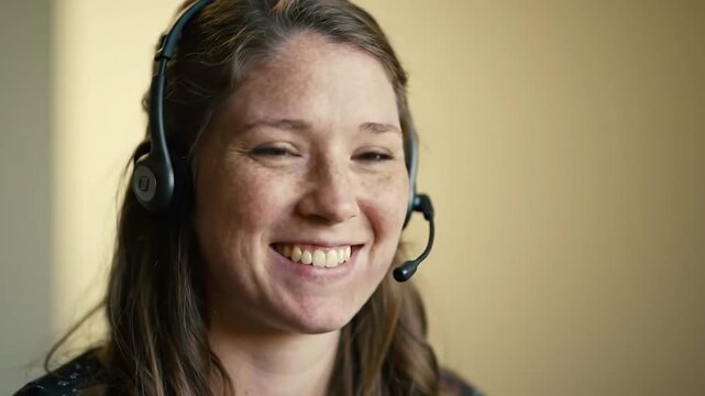 Happy female customer service representative wearing a black headset while working in a modern office