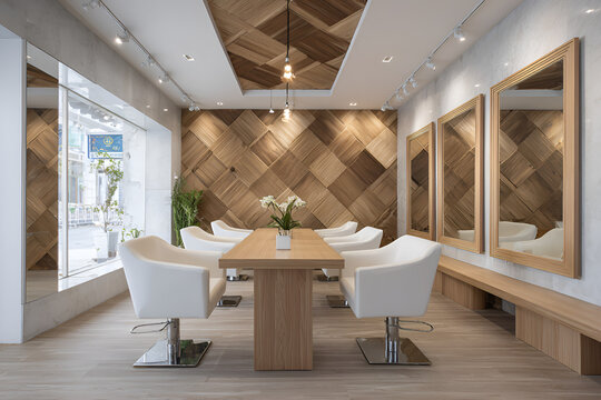 Modern salon interior with wood-paneled wall, rectangular table, white chairs, mirrors, and minimalist design