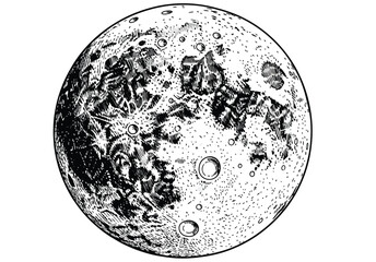 Detailed hand drawn sketch of the moon with visible craters and surface texture, vintage engraving style illustration. © hossain