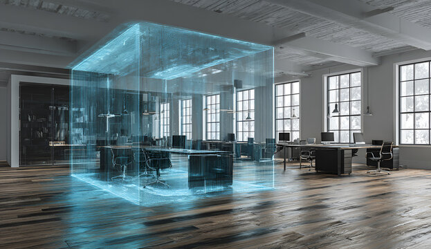 Modern office interior with an illuminated, transparent cube encompassing a work area, hinting at innovative technology