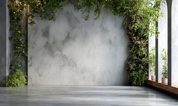 Modern interior with a textured concrete wall adorned by lush greenery cascading down, bright light coming through an opening