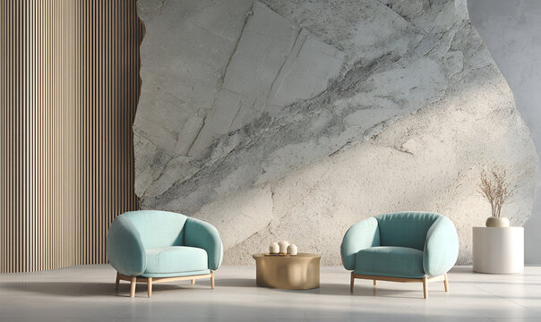 Modern interior featuring two teal armchairs, a gold coffee table, and a large stone backdrop with warm light