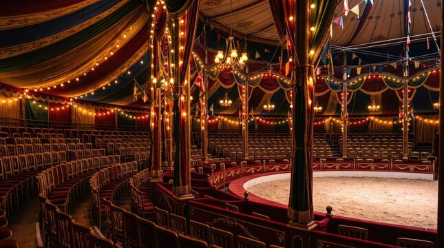 Vibrant circus interior with colorful drapes and glowing lights creating a festive atmosphere.