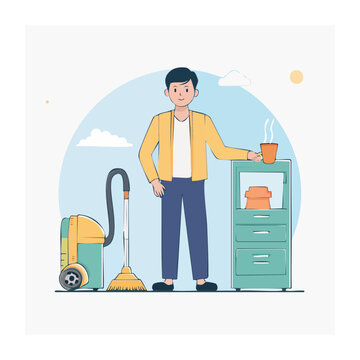 Man taking a break with coffee after cleaning with vacuum and broom