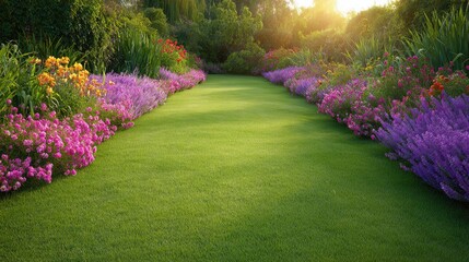 Obraz premium Serene Garden Pathway with Vibrant Flower Borders Under Golden Sunset Light for Relaxation and Nature Enthusiasts