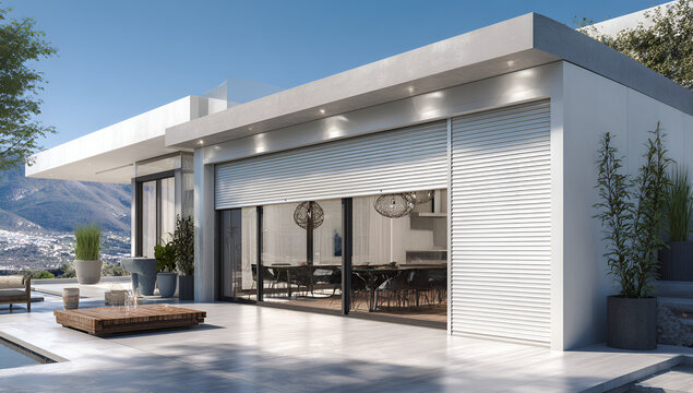 Modern home with large glass doors and an extended patio. Outdoor seating and mountain view in background