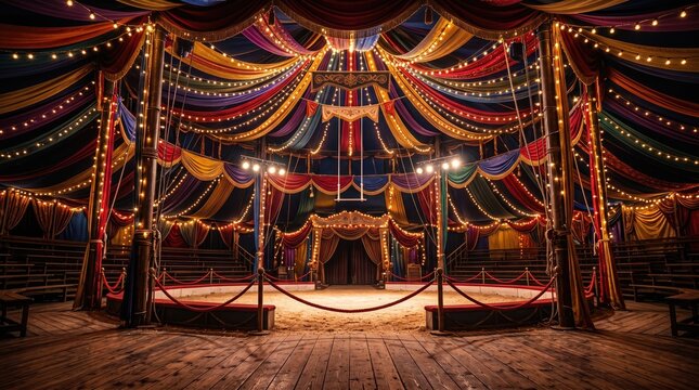 Captivating view inside circus tent with garlands magical concept. Vibrant circus tent with colorful drapes, lights, and an inviting stage.