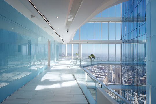 Modern, high-rise interior with expansive windows revealing a city vista. Blue glass walls and reflective surfaces create a bright and airy ambiance