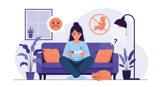 Sad woman sitting on a sofa looking at a negative pregnancy test result while icons represent her disappointment and frustration.