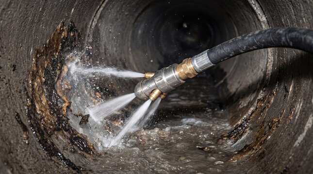 Water jet cleaning equipment removing debris from a clogged sewer pipe.