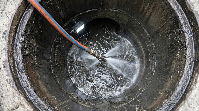 Maintenance severed main sewer pipe hydro jet cleaning concept. Water jets clean a dark, deep drain outlet for effective waste management.