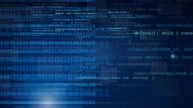 Abstract digital background with scrolling computer code and binary data streams in blue tones