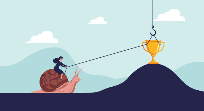 Businesswoman riding a slow snail toward a golden trophy on top of a hill symbolizing patience and steady career progress.