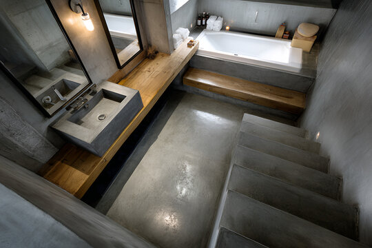 Modern bathroom featuring concrete and wood elements. A sunken bathtub, vanity, and stairs create an industrial aesthetic. Natural light streams in