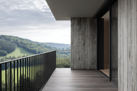 Modern architectural structure featuring a balcony with a black railing, wooden deck, & concrete walls overlooking lush green hills