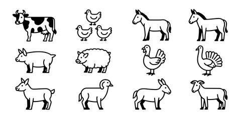Fototapeta premium Cow Dog Pig Chicken Sheep Goat Farm Animal Icons Set in Simple Line Art Style for Educational Cards and Stickers