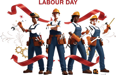 Obraz premium International Labour Day Banner Featuring Diverse Skilled Workers with Tools and Safety Helmets in Teamwork Concept