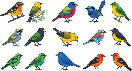 Obraz premium Colorful Songbird Collection Featuring Finches, Warblers, Bluebirds, Orioles, and Decorative Wild Bird Illustrations for Nature Designs