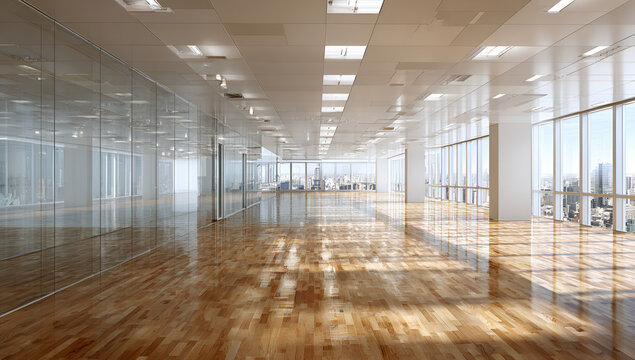 Expansive, empty office space with polished wood flooring, large windows, and a cityscape view. Sunlight streams in, illuminating the interior