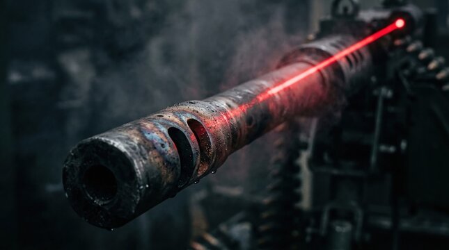 Close-up of heavy machine gun barrel with laser sight on military base for security and defense purposes