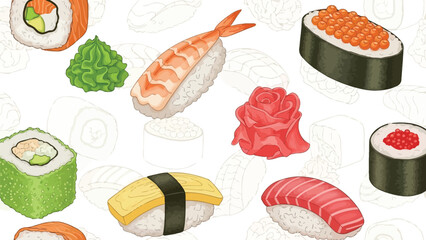 Japanese sushi set with rolls nigiri and sashimi isolated on white background collection of traditional food items for menu design or restaurant advertising. © hossain