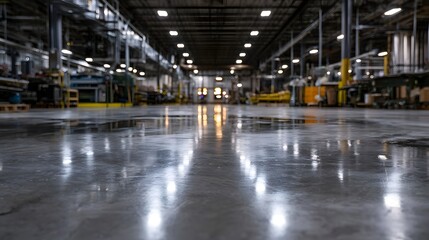 Obraz premium An expansive view of a heavy duty wet concrete industrial floor with cool metal structures and overhead beams
