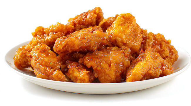 Close-up studio shot of a white plate piled high with crispy, glazed chicken pieces. The food is golden and glistening