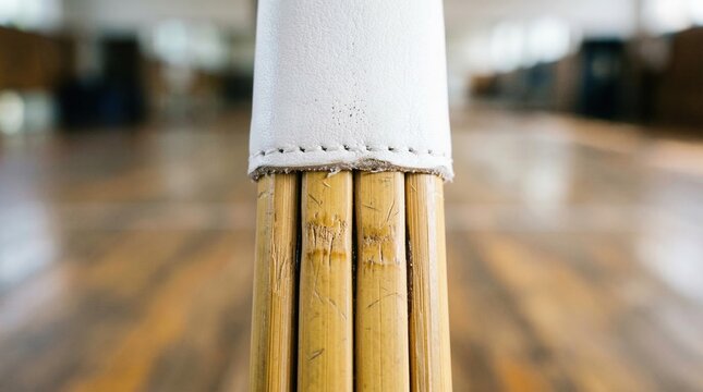 Traditional Kendo shinai sword handle, white leather grip and bamboo slats, blurred dojo training hall background, martial arts equipment.