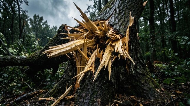 Large tree trunk snapped, revealing raw splintered wood in dark mossy forest, cloudy day. Natural disaster aftermath.