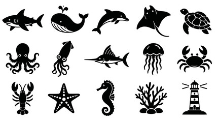 Fototapeta premium Marine Life and Ocean Animals Silhouette Glyph Icons Set. Underwater Sea Creatures Nautical Symbols.