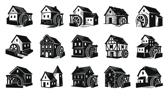 Vintage Black  White Glyph Icons: Collection of Traditional Watermills and Historical Rural Architecture