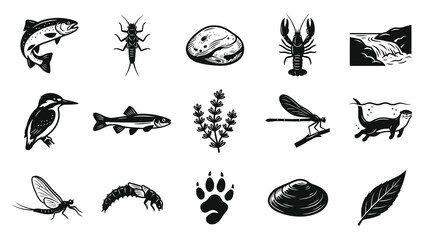 Obraz premium Black and White Vector Icons of River Wildlife and Plants - Nature