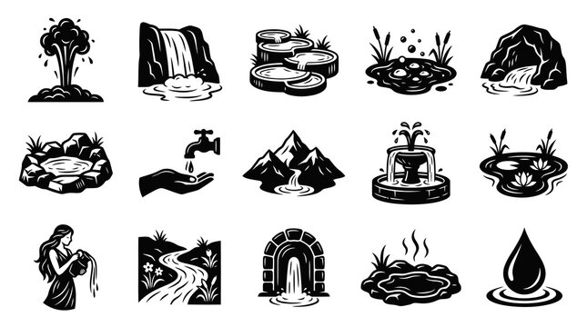 Water Elements Vector Icons: Nature, Purity  Spa Solid Glyph Symbols Collection