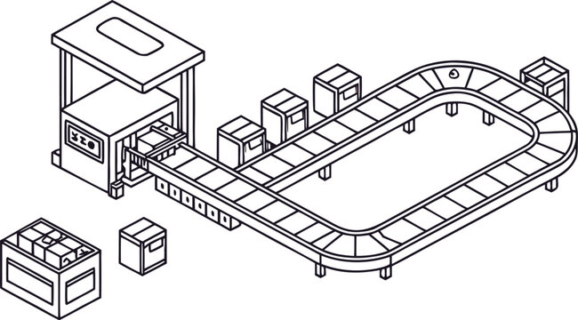 Isometric 3 d conveyor belt system with cardboard boxes and packaging machine