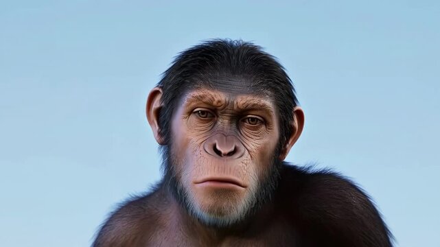 Portrait evolutionary transformation. A monkey turns into a Human. The chimpanzee (Pan troglodytes) is slowly turning into an adult male (Homo sapiens).
