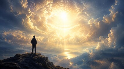 Fototapeta premium Silhouetted figure observing bright sky from rocky cliff