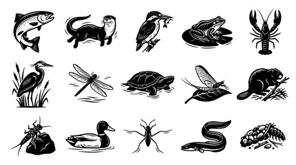 Obraz premium Black and White Line Art Icons of River Wildlife: Fish, Otter, Bird, Frog, Lobster