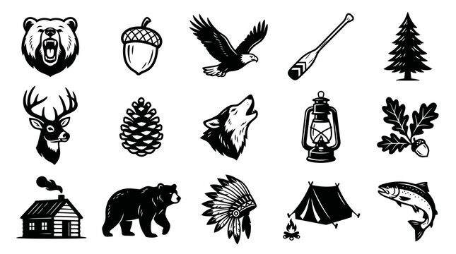 Vintage Black and White Nature Icons: Bear, Deer, Eagle, Wolf, Fish, Tree, Tent, Cabin