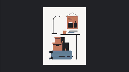 Fototapeta premium Minimalist flat design illustration of a college dorm room move-in day featuring a desk, lamp, suitcase, and cardboard boxes